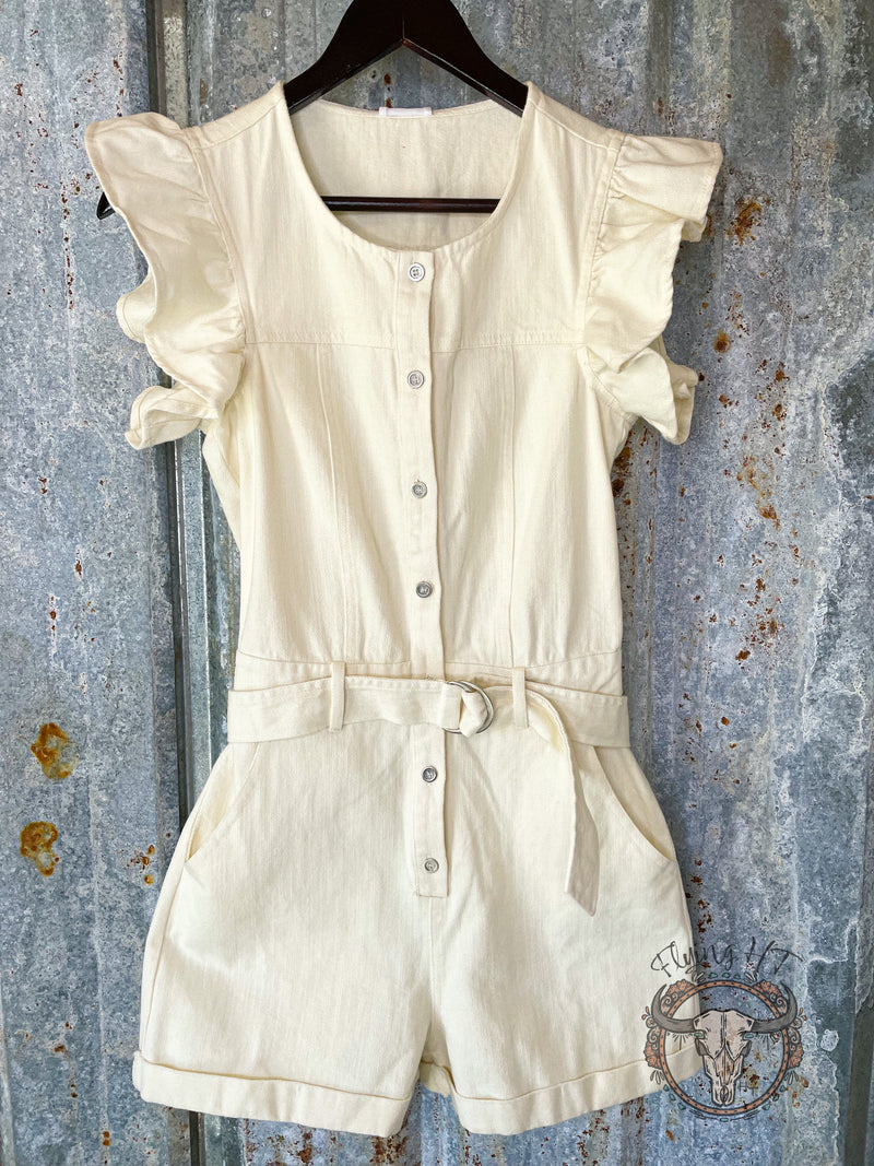 Cream Ruffle Sleeve Denim Romper