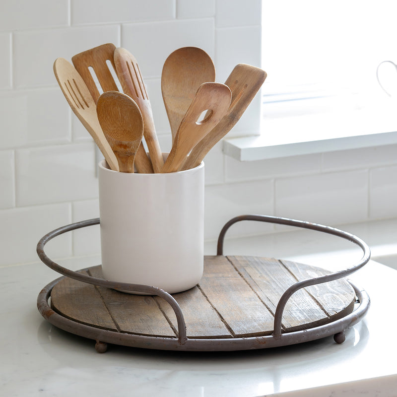 Round Wood Tray with Handles