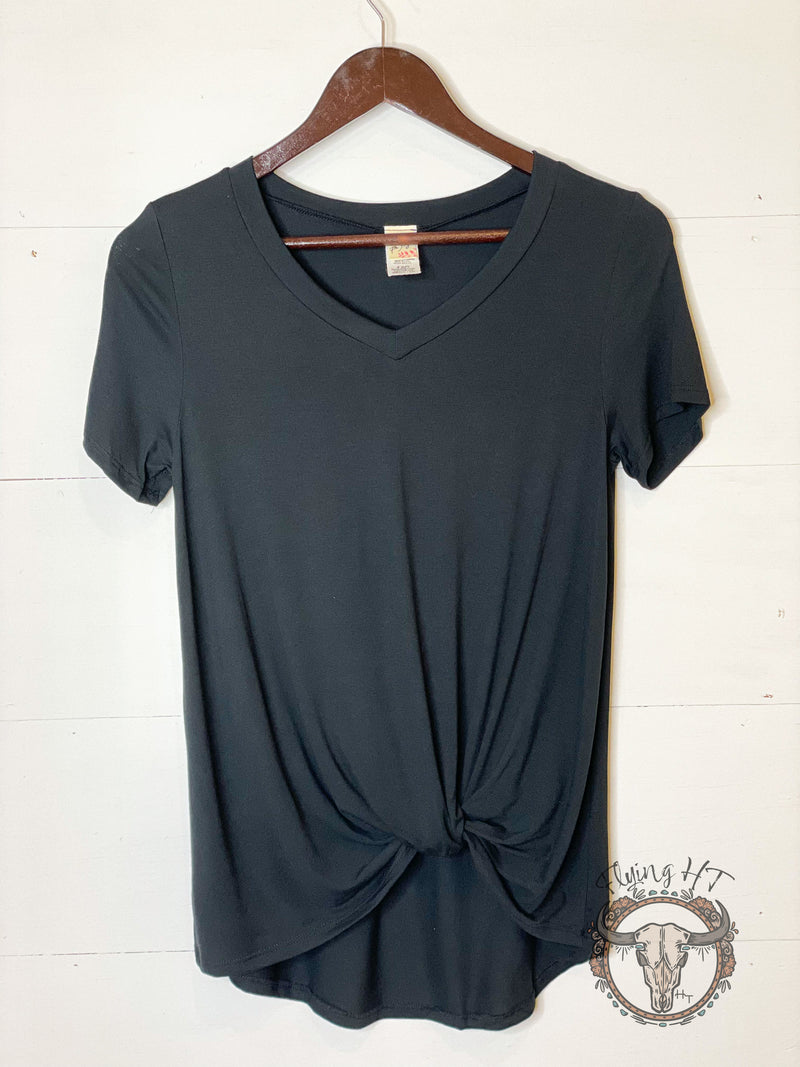 Black V-neck Twist Hem Tee