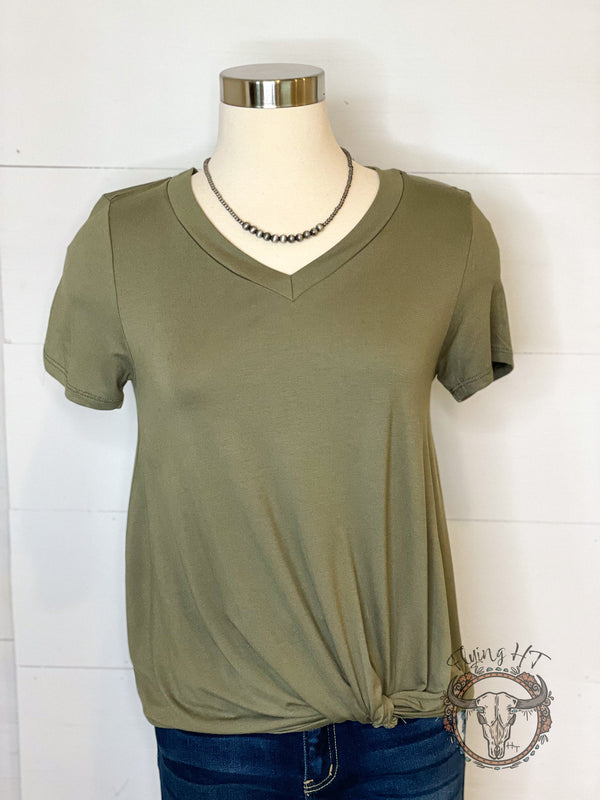 Olive V-neck Twist Hem Tee