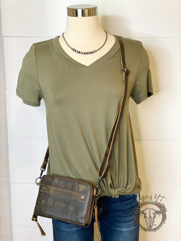 Olive V-neck Twist Hem Tee