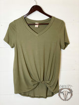 Olive V-neck Twist Hem Tee