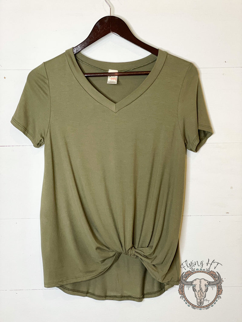 Olive V-neck Twist Hem Tee