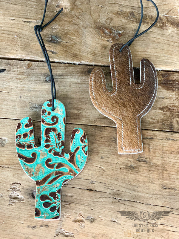 Teal Floral & Cowhide Cactus Car Freshener